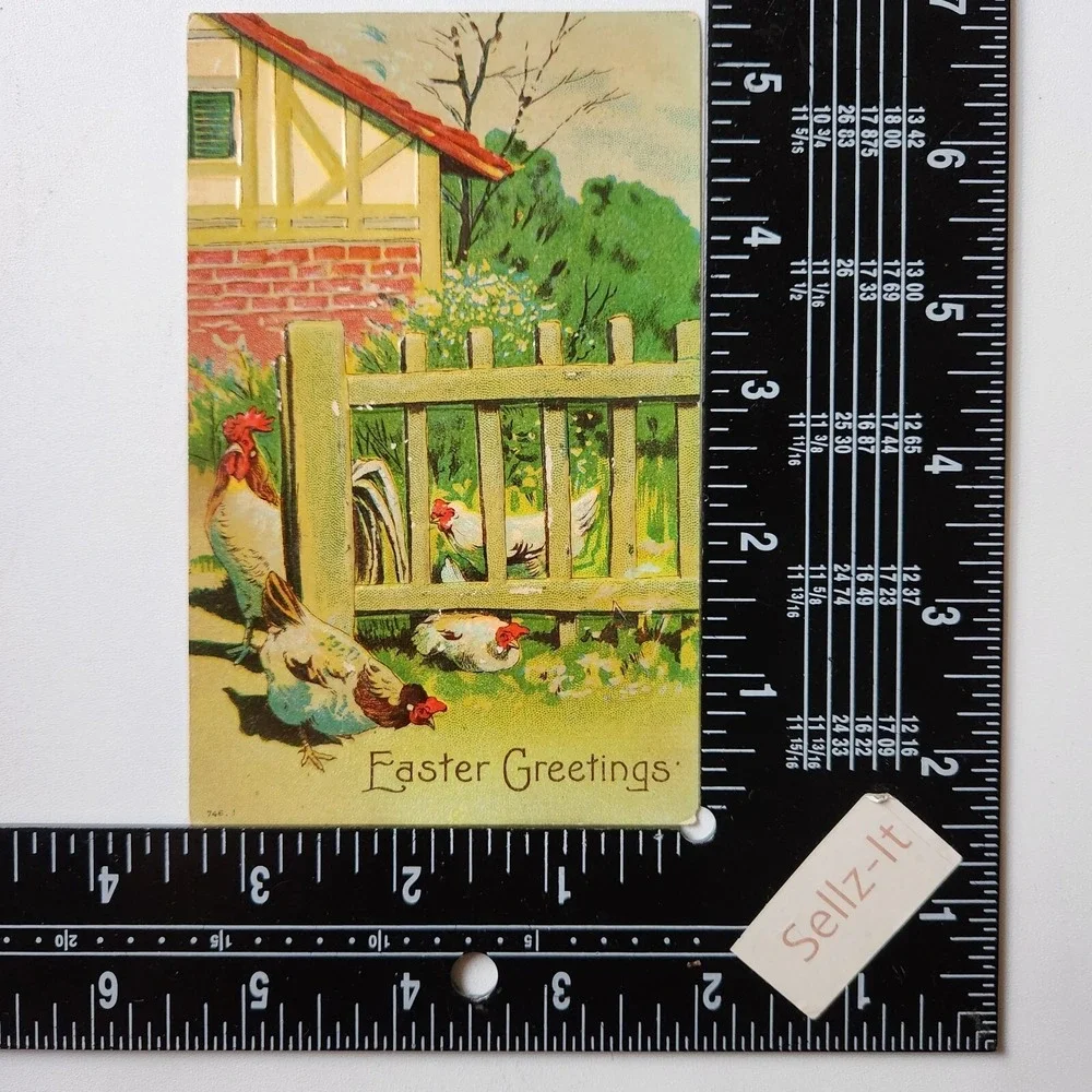 Rooster Chicken Easter Greetings Fenced Farmhouse‎ Embossed Postcard